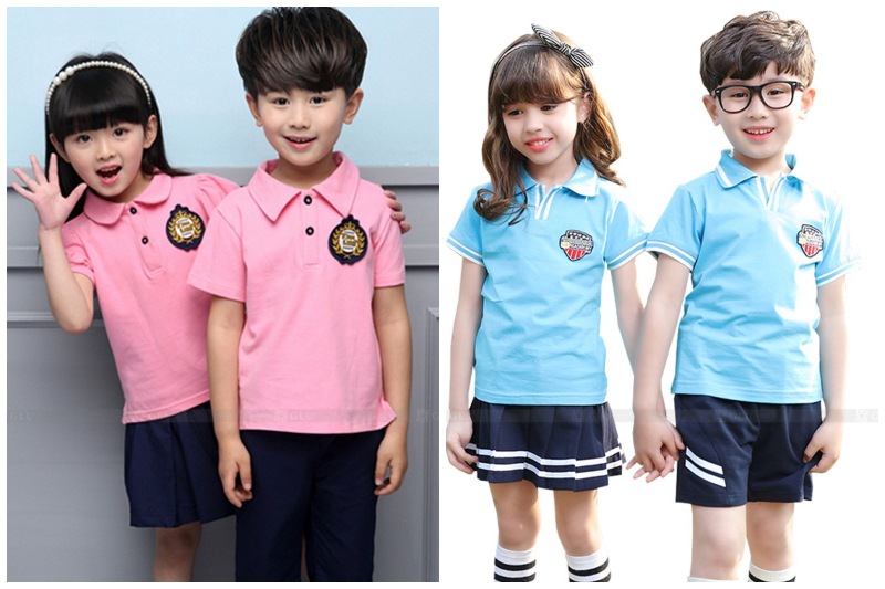 mẫu áo đồng phục mầm non màu hồng phấn và xanh là 2 mẫu rất được ưa thích