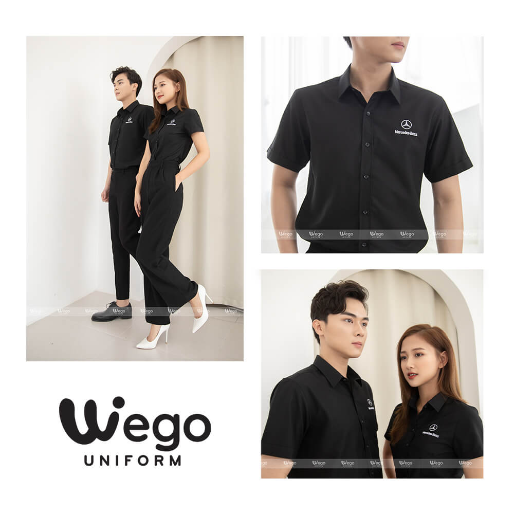 Mẫu áo sơ mi đồng phục màu đen, ngắn tay, logo in màu trắng, phù hợp với cả nam và nữ